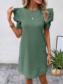 SHEIN Clasi Solid Puff Sleeve Keyhole Back Dress Texture Fabric - Green - View 5