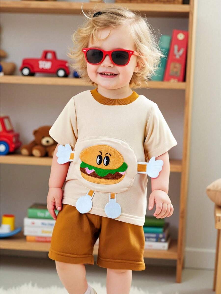 SHEIN Baby Boys Simple Solid Color Splicing Round Neck Short Sleeve Top & Shorts 2 Pieces Set - Apricot - View 1