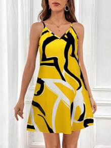 SHEIN Privé 女式宽松休闲图案印花短吊带连衣裙 - 黃色 - 查看 3