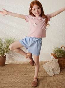 Blossori Young Girls French Elegant Pink Knit T-Shirt And Blue Woven Shorts Set, Spring/Summer - Multicolor - View 6