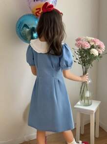 Tween Girl Casual Bleached Denim Dress With Heart Embroidery, Slim Fit Versatile Design For Everyday Wear, Chic And Fashionable - Light Wash - View 2