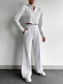 EURMUSE Cotton Solid Color Crop Hooded Top & Long Pants Two Pieces Set - Grey - View 4