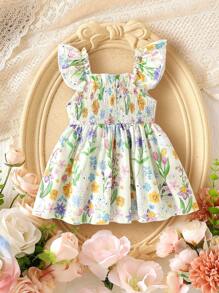 Baby Girls' Rabbit & Floral Print Ruffle Trim Cami Sundress, Soft Comfy Casual Vacation Style For Spring/Summer, Easter