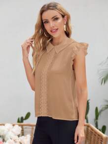 SHEIN Essnce Áo cánh ren cổ bèo nhún thanh lịch màu trơn của resort - Màu Khaki - Xem 5