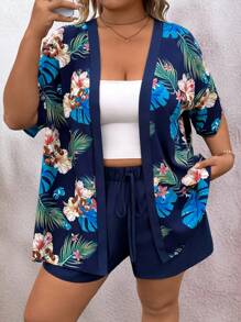 SHEIN Clasi 2 件大码套装：热带植物印花纽扣衬衫和松紧腰短裤 - 彩色 - 查看 5