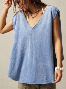 Bohemela Boho Women Solid Color V-Neck Cap Sleeve Loose Washed T-Shirt - Blue - View 6