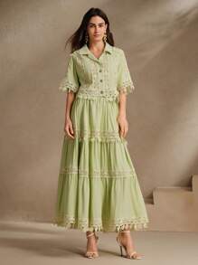 Anewsta Conjunto elegante y romántico de 2 piezas para mujer - Blusa con flecos y aplicación floral verde y falda larga, para primavera/verano