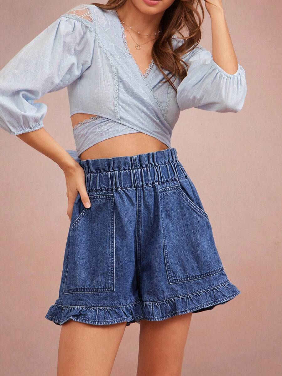 WESTFADE High Rise Smocked Waist Loose Fit Western Ruffle Denim Shorts Summer Beach Vacation