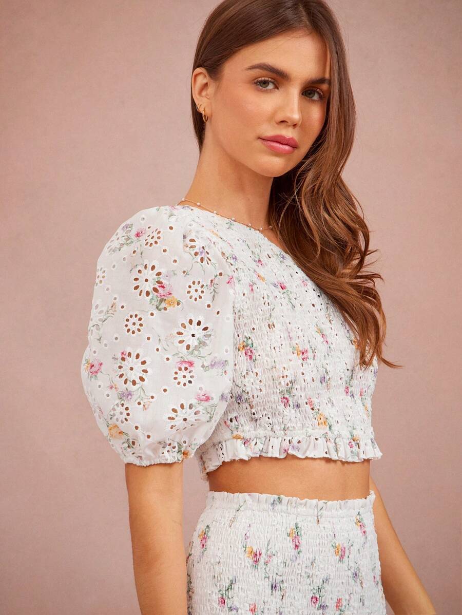 WESTFADE 夏季西部花卉印花编织孔眼不对称单肩褶饰半袖荷叶边短款上衣 - 彩色 - 查看 1