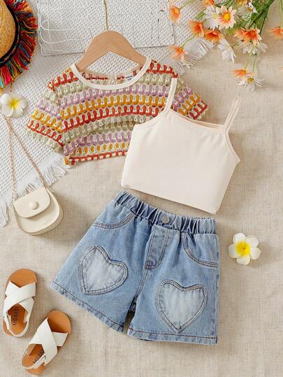 SHEIN 3 قطعة/طقم ملابس شاب فتاة تتكون من: ملابس علوية محبوك مثقب ذو خطوط، كشاكش علوي ، وشورت قلب، للربيع والصيف، ملابس مناسبة للعطلة