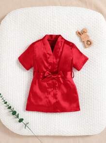SHEIN Newborn Baby Girl Soft Woven Solid Color Satin Tie Bathrobe
