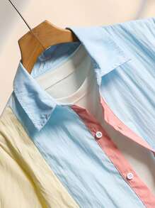 SHEIN 男童休闲时尚简约多色拼布衬衫，适合春夏日常和户外穿着 - 彩色 - 查看 5