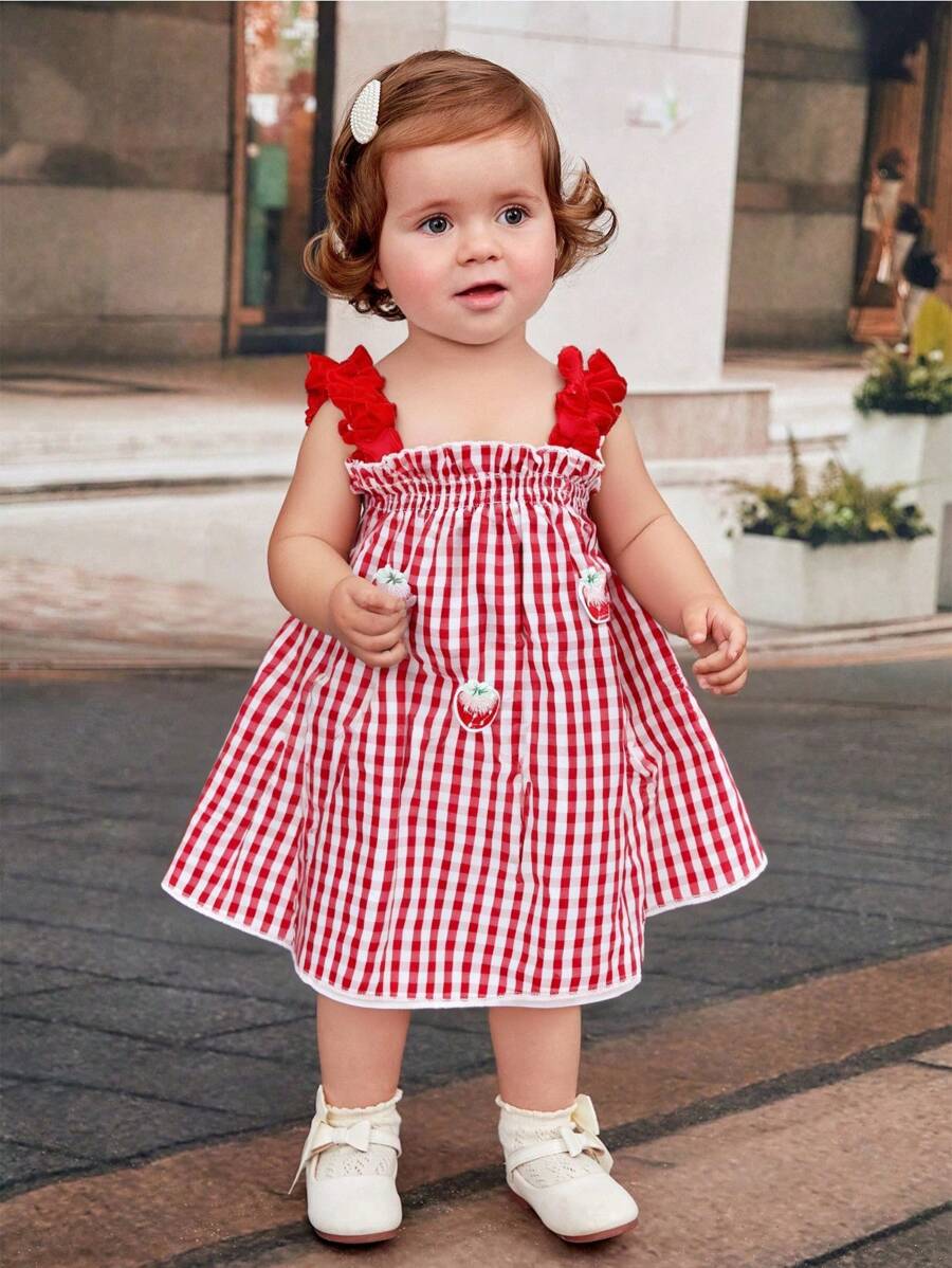 Vestido de verano para niñas, Nuevo llegado vestido de tirantes de niña bebé a cuadros con estampado lindo de fresa, verano - Rojo - Ver 1