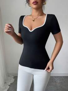 Elenzga 女式夏季甜心领短袖 T 恤，领口和袖子处有白色饰边，针织面料，合身，年轻时尚且百搭 - 黑與白 - 查看 7