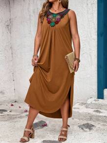 EMERY ROSE Plus Size Casual Ribbon Patchwork Sleeveless Dress - Mocha Brown - View 1