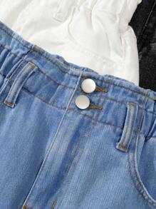 Tween Girl Casual Denim Ruffled Waist Washed Jean Shorts, 2pcs/Set,Holiday,Summer,Travel, School, Campus, College - Multicolor - View 3