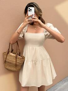 SHEIN Frenchy Vestido mini con mangas cortas abombadas, cuello cuadrado hueco anudado y unicolor para mujeres