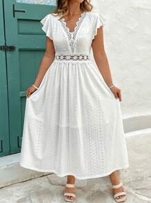 SHEIN Clasi Vestidos de primavera y verano para mujer, tallas grandes, de punto jacquard blanco, encaje elástico, cuello y cintura patchwork, corte en A, manga corta, elegantes vestidos de verano, vestidos blancos, vestidos de verano, vestidos blancos, vestidos elegantes, vestidos de verano, vestidos de tallas grandes, vestidos elegantes, vestidos de fiesta.