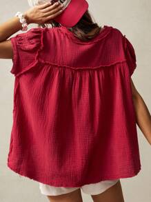 Bohemela Áo cánh nữ tay ngắn thường ngày màu trơn xếp nếp cài nút - Đỏ - Xem 7