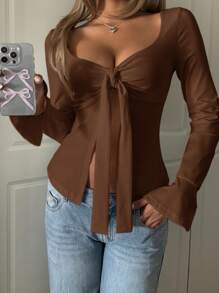 CovetEZ 女士休闲纯色系带开衩长袖 T 恤 - 咖啡棕 - 查看 3