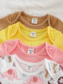 SHEIN 4pcs/Set Newborn Baby Girl Cute Cartoon Print Short Sleeve Bodysuit Sets For Summer - Multicolor - View 3
