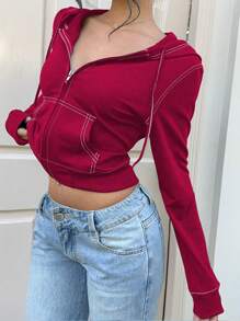 SHEIN EZwear Women Contrast Color Drawstring Hooded Cropped Hem Sweatshirt,Graduation,Teacher,Back To School Pullover Fall - Burgundy - View 6