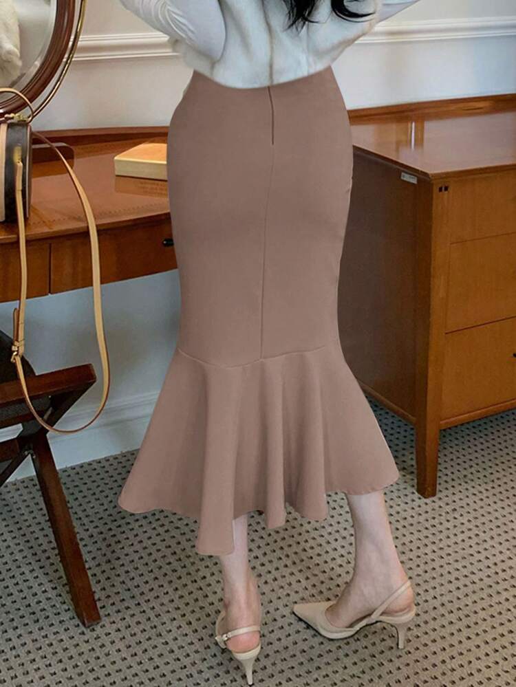 Women's Solid-Color Casual Skirt, Stylish For Summer,Ruffle Fall,Winter