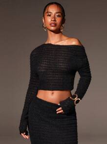 Athîral Women Casual Solid Color Asymmetrical Neck Long Sleeve Crop Top - Black - View 3