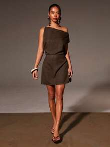 Athîral Summer Fashionable Solid Color Asymmetric Neck Side Split Mini Dress - Coffee Brown - View 2