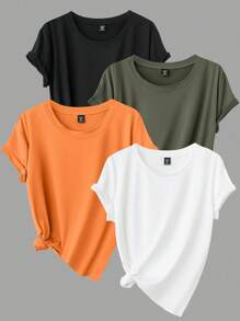Calvaya Set de 4 camisetas de manga corta de cuello redondo en colores lisos, tallas grandes