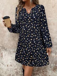 SHEIN LUNE 花卉印花女式短长袖迷你连衣裙 - 寶藍色 - 查看 6