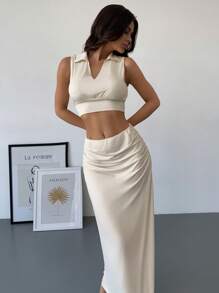 Firerie Set da 2 pezzi composto da blusa senza maniche con scollo a V stretch color albicocca e gonna dritta attillata, abbigliamento elegante casual da ufficio per donne, adatto per l estate