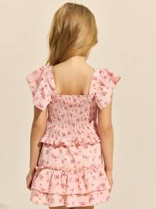 SHEIN 2pcs/Set Young Girls' Elegant Pink Woven Ditsy Floral Trim Blouse & Ruffle Hem Mini Skirt, Spring/Summer