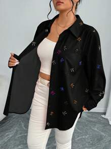 Elenzga Casual Romantic Pink Bow Print Blouse, Valentine's Gift Women Shirt ValentinesPink Lover Bow Fall Cloth For Women - Black - View 7