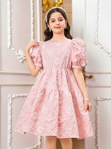 Tween Girl Dusty Pink Round Neck Jacquard Floral Puff Sleeve Bow Back Decor Elegant Summer Party A-Line Dress,Occasion Dress For Princess,Graduation - Pink - View 6