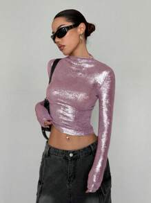 StreetHx Blusa de mujer de cuello alto, mangas largas y ajuste slim con acabado brillante