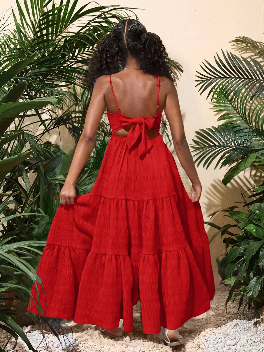 SHEIN Leap Crew Tween Girl Vacation Casual Textured Solid Color Ruffled Back Bowknot Dress - Red - View 1