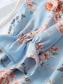 SHEIN Clasi Court Retro  Plus Size Women Floral Print Long Sleeve Dress Maxi Women Outfit - Baby Blue - View 3