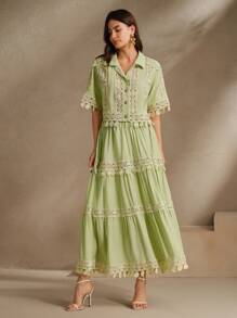 Anewsta Conjunto elegante y romántico de 2 piezas para mujer - Blusa con flecos y aplicación floral verde y falda larga, para primavera/verano