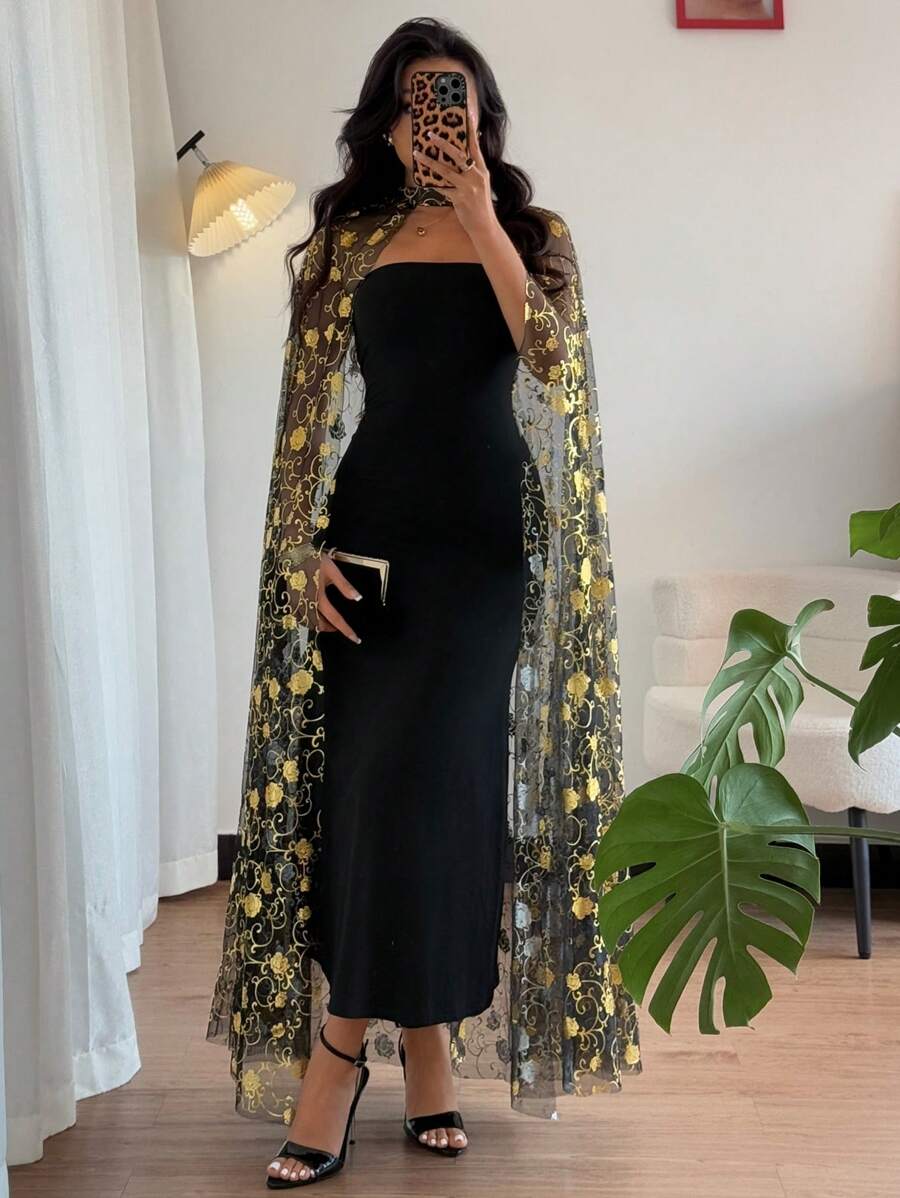 Selianne 女士优雅 2 件套：金属花卉网眼斗篷和连衣裙 - 黑色 - 查看 1