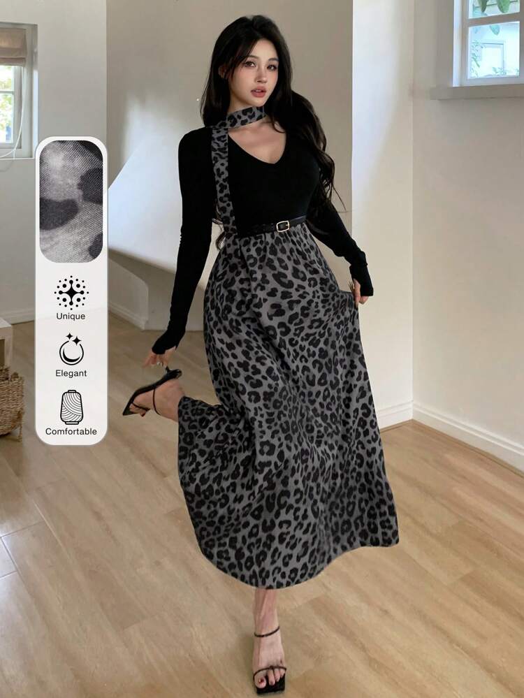 Elegant Women's Long Splice Contrast Color Asymmetric Hem Leopard Print Dress, Suitable For Valentine's Day,Fall Dress Long Sleeve Dress