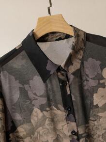 SHEIN Lacomfia Ensemble 2 pièces casual avec chemise ample à manches longues et imprimé floral et pantalon à taille élastique, grande taille, printemps/automne