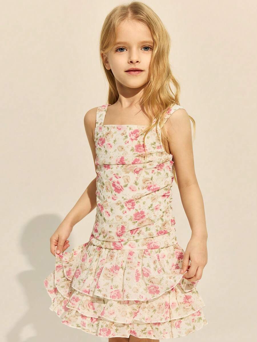 SHEIN Elegantes rosa Blumenkleid mit Rüschenkragen und ärmelloser A-Linie für Kleine Mädchen im Frühling und Sommer