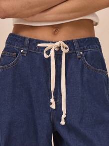 MUSERA Jeans de pierna recta relajada con detalle de cordón a media cintura, para verano - Azul lavado medio - Ver 5