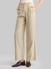 Ontre Linen Pants Woemen Pleated Slanted Pocket Casual Straight Leg Suit Pants In Beige Office Outfits For Women - Apricot - View 4
