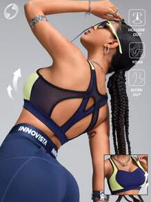 Innovista Brassière de sport minimaliste femme de couleur unie avec patchs, porter au quotidien de manière décontractée - Bleu marine - Voir 1