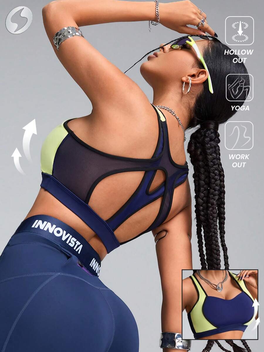 Innovista Brassière de sport minimaliste femme de couleur unie avec patchs, porter au quotidien de manière décontractée - Bleu marine - Voir 1