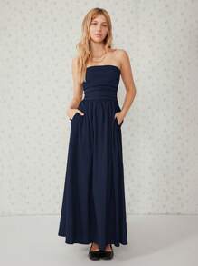 SHEIN EZwear Solid Black Slant Pocket Tube Longline Dress