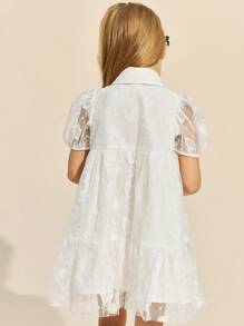 SHEIN Kleine Mädchen Elegantes weißes Mesh-Jacquard Kleid mit Kurzarm Kragen, Frühling/Sommer - Weiss - Übersicht 2