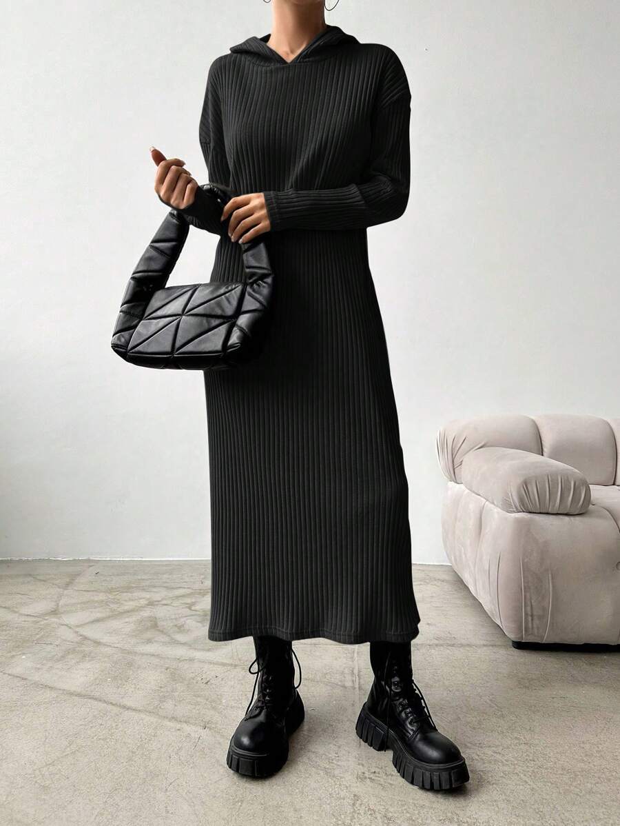 Cottnline Women's Ribbed Hooded Sweater Dress - Black - View 1